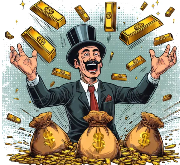 Man in top hat happy surrounded by money