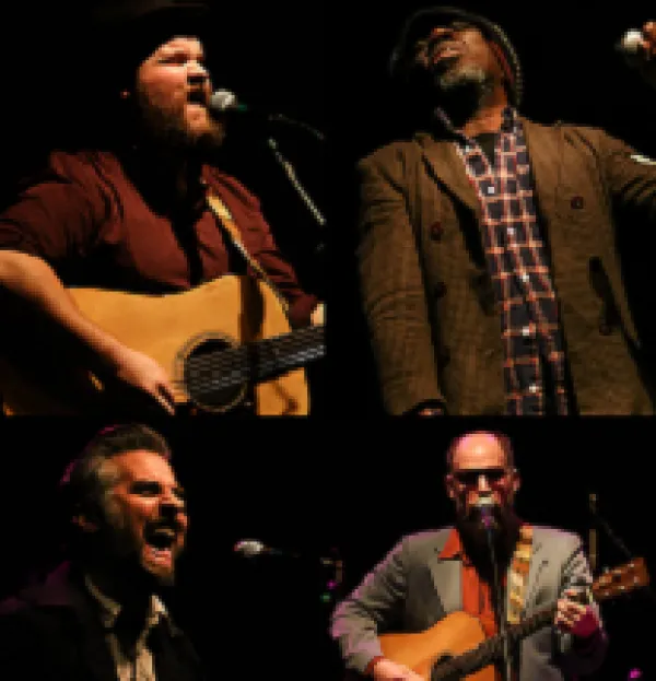 Four photos of men in band put together in one block, top left a white man with a brown beard playing a guitar and signing, top right a black man in a hat and goatee with plaid shirt and brown jacket leaning away from a mic while singing, bottom left a white man with grayish hair mouth wide open at mic and bottom right a bald man playing a guitar at a mic