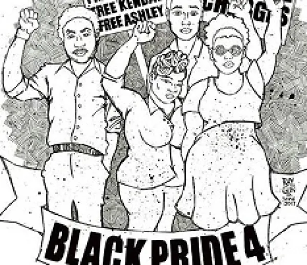 Sketch of four young black people with fists in air and words blackpride4