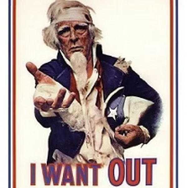 Uncle San with a head wound and reaching out with one hand, the other holding his hat to his side and the words I Want Out