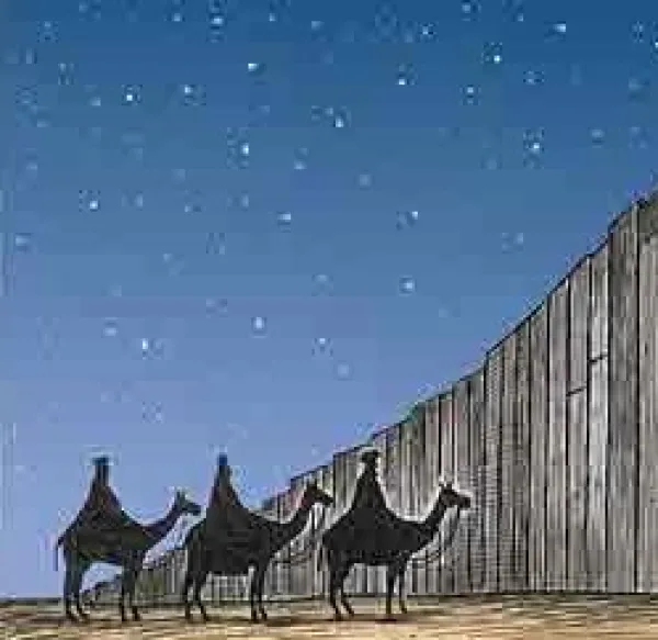 A drawing of three ken in robes in a line on three camels standing at a big tall wall with a starry sky in the background