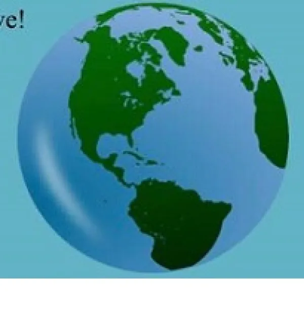 Blue background and an image of the earth, a round blue circle with green continents