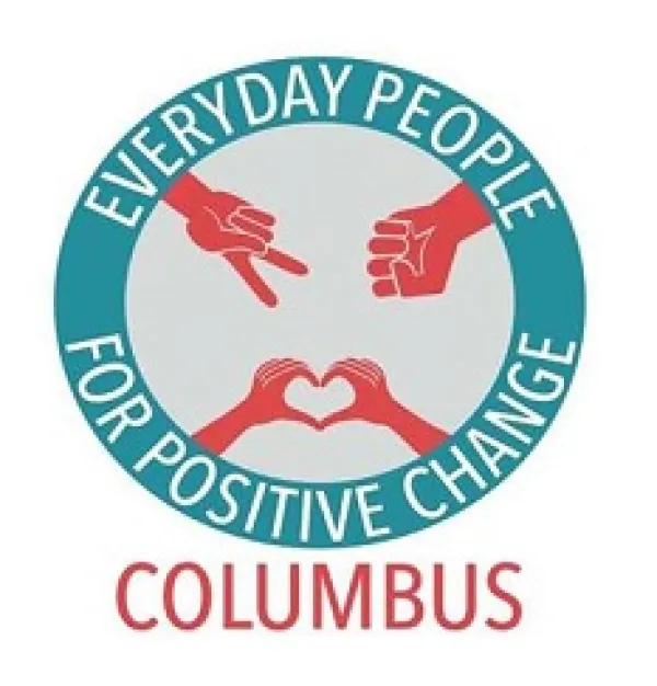 Blue circle with words Everyday People for Positive Change and the word Columbus at the bottom, red hands in the circle with peace sign, fist and making a heart