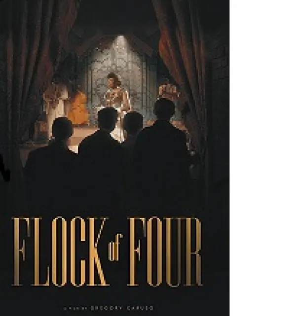Book cover with words in tall gold letters Flock of Four and above the back silhouette of four people looking at a stage with a woman on the stage and curtains pulled back on both sides