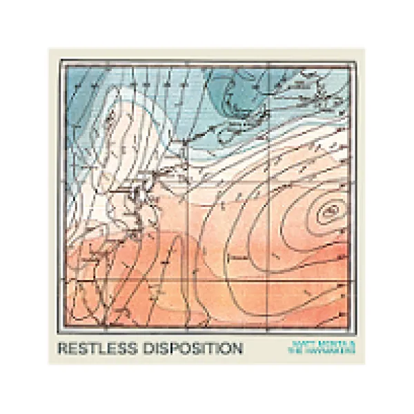 Square album cover with a swirly arty design with blue at top, white in the middle and peach color at bottom