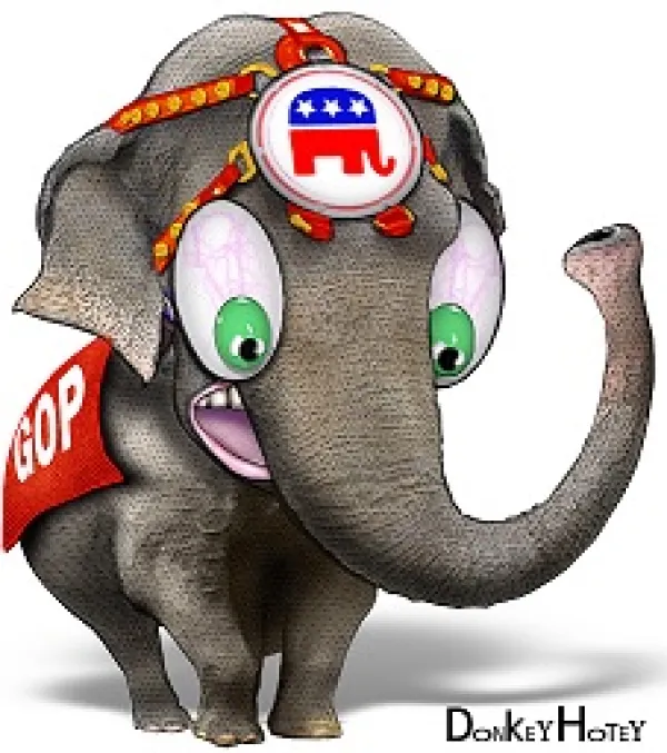 Cartoon of an elephant with a GOP banner on his side looking wide eyed and upset