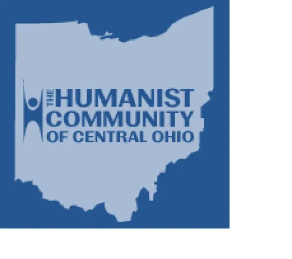 Blue silhouette of the state of Ohio with words Humanist Community of Central Ohio and a drawing of a person