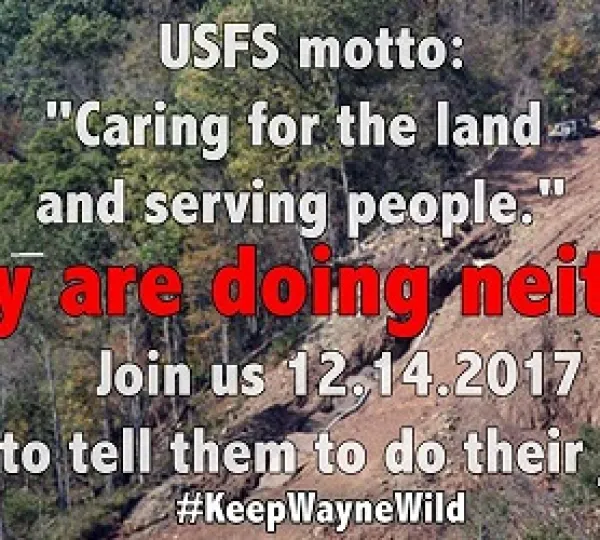 Words USFS motto: Caring for the land and serving people" They are doing neither join us 12-14-2017 and tell them to do their job. #Keep Wayne Wild against a background of trees and a cliff