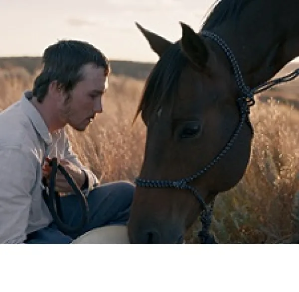Young man with brown hair looking sideways and a big brown horse leaning its head toward his lap
