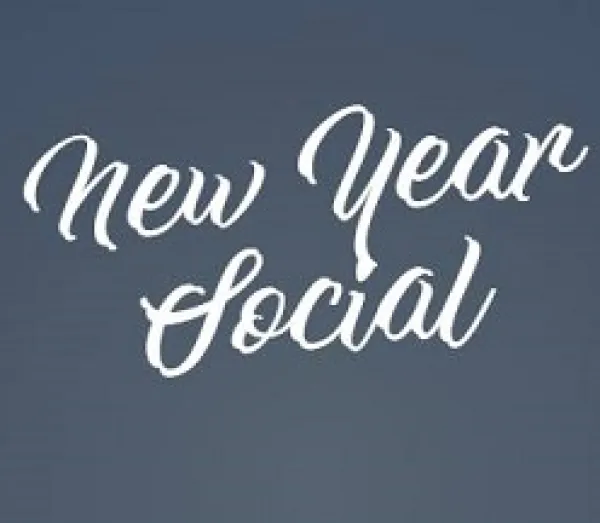 Gray background with white letters is cursive writing New Year Social