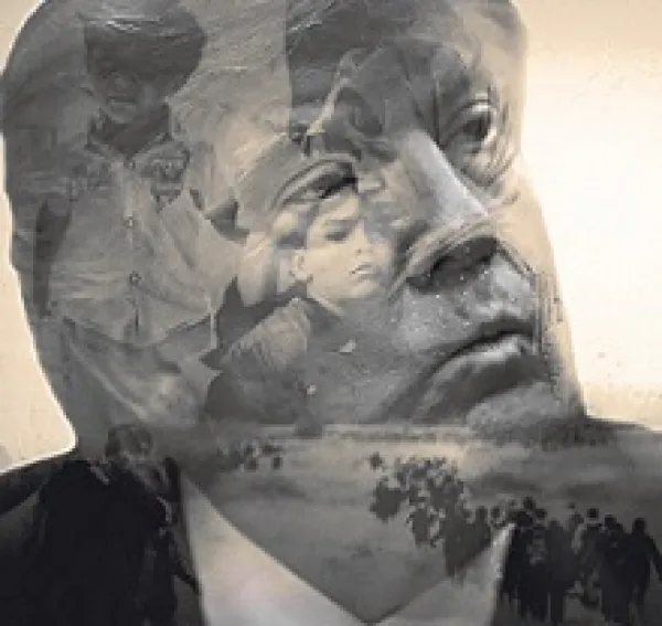 Black and white photo of older white man's (Donald Trump) face close up and in the background of his face there are children and people walking like depicting immigrants