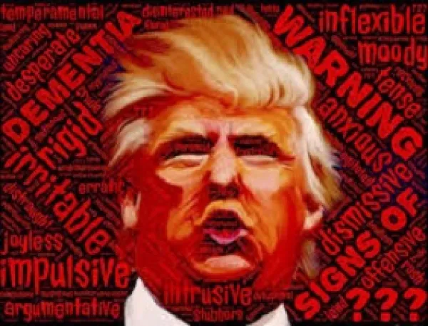 Cartoonish face of Trump with orange skin and pursed lips next to words Warning anxious dismissive inflexible and more