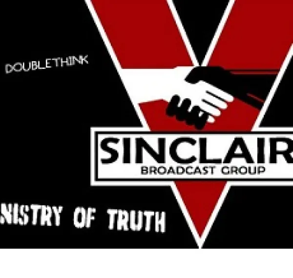 Black background with Red V and a black and white hand shaking with words Sinclair Broadcast Group