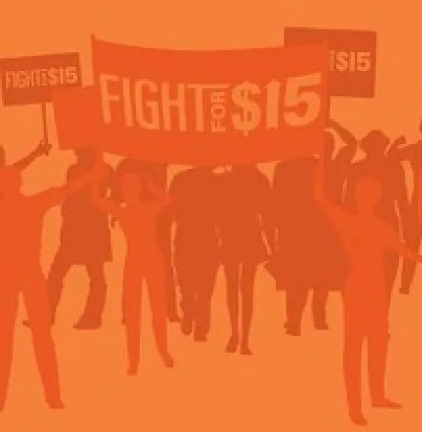 Orange drawing of lots of people standing and holding signs that say Fight for $15