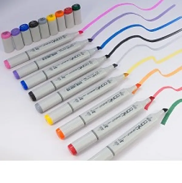Lots of white handled thick marker pens all in a row making squiggly lines of different colors