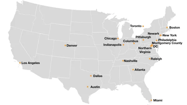 Map of US with spots where they are considering putting Amazon HQs
