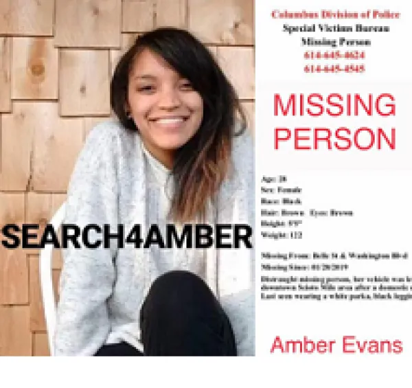 Young woman with long brown hair with words describing her and the search for her