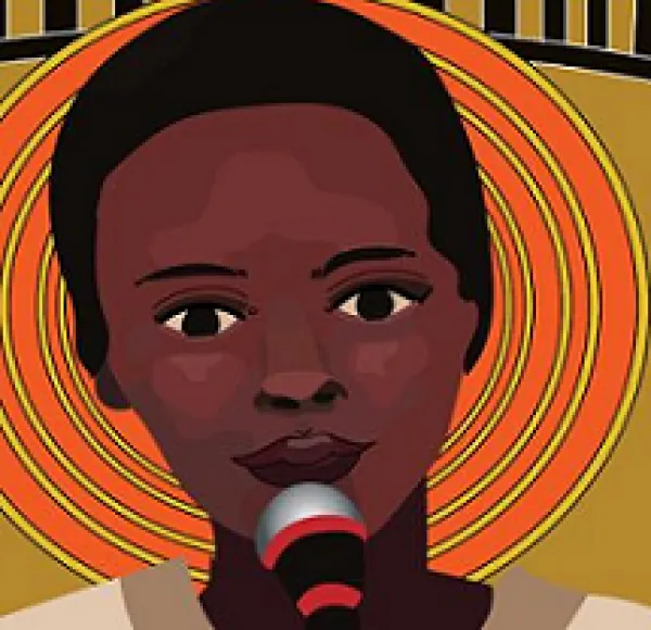 Drawing of black woman's head talking into a mic