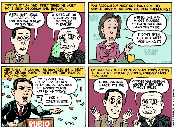 Four panel comic about Justice Scalia and who will replace him