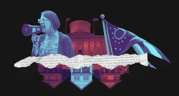 Woman with bullhorn, Statehouse, Ohio flag, people's houses