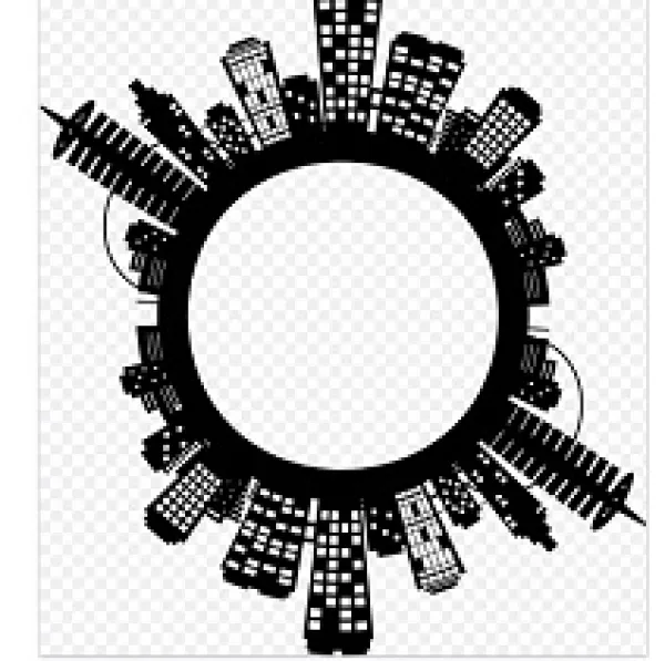 Drawings of buildings all around the perimeter of a circle