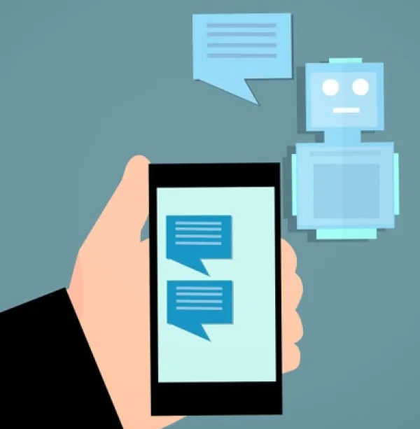 Drawing of hand holding a phone with texts happening on it and a robot off to the side texting too