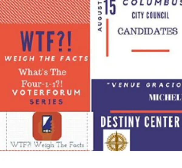 Blocks of text in red white and blue describing the event