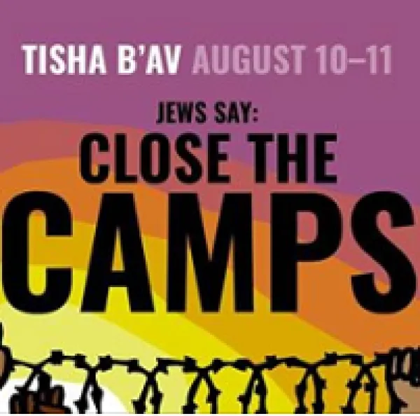 Purple orange and yellow like a rainbow in the background and a barbed wire fence and words Close the Camps