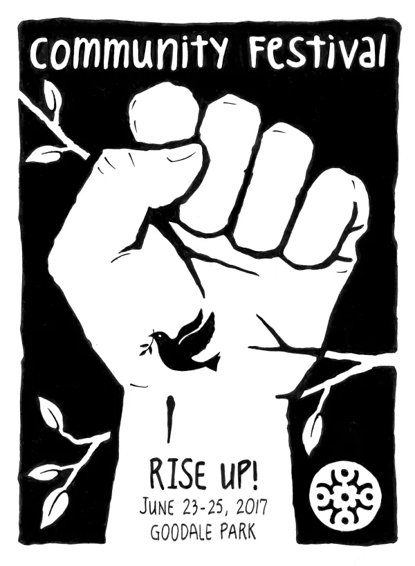 Comfest logo, a white fist in the air against black background