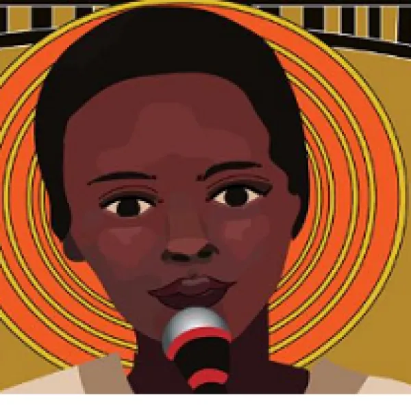 Colorful drawing of a black woman talking into a mic with orange and yellow circles around her head