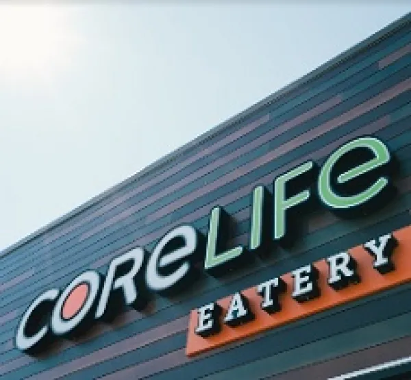 Top of the front of a building with words CoreLife Eatery