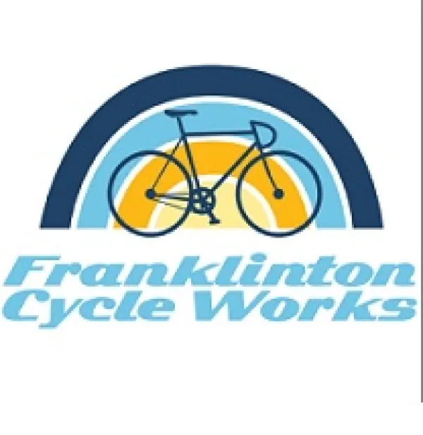 A drawing of a bike in front of a rainbow of blue colors and gold and the words Franklinton Cycleworks