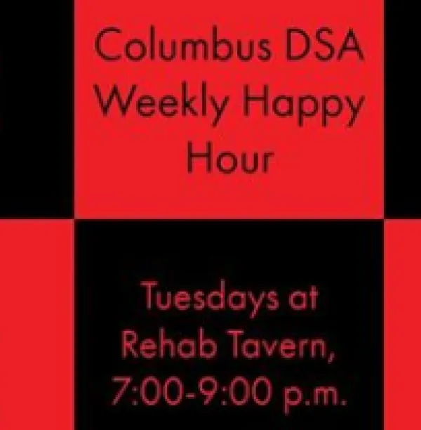 Red and black checkered background and words Columbus DSA Weekly Happy Hour and the details