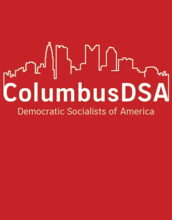 Red background with white letters Columbus DSA with Columbus skyline 