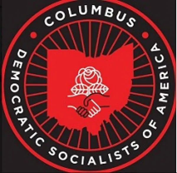 Black background red circle with map of Ohio inside and the rose with two hands shaking DSA logo inside, and the words Democratic Socialists of America Columbus