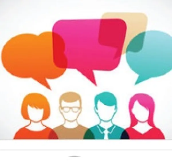 Clip art of people with talking bubbles above their heads