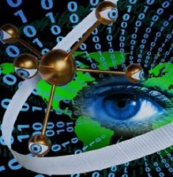 Blue eyeball looking at a gold sputnik looking device against a map of the world and lots of zeros and ones in the background