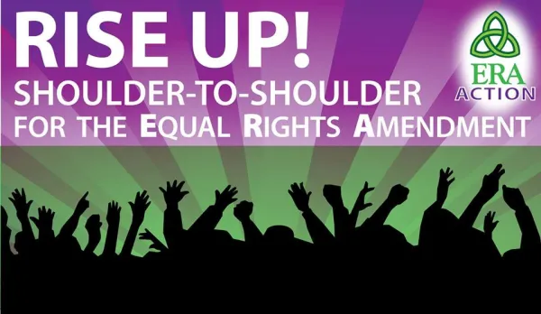 The words Rise Up! Should-to-shoulder equal rights amendment against a purple background and a silhouette of people below raising their hands and fists in the air