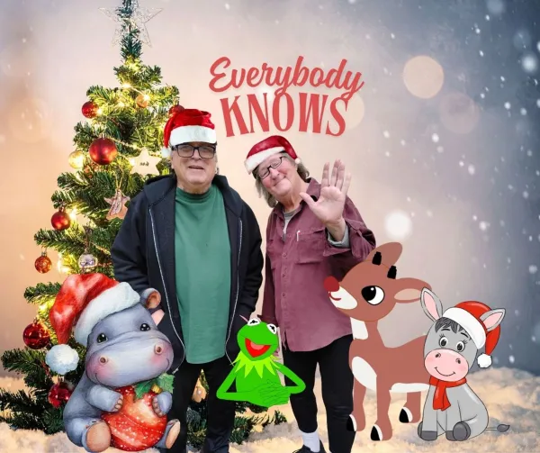 Bob and Dan with Christmas tree, kermit, Dominick the Donkey, a hippo and Rudolph