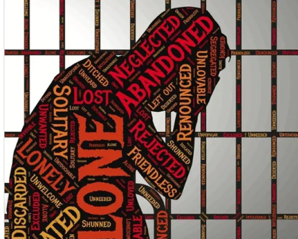Person in jail iwith words Abandoned, neglected, alone, solitary, friendless, lonely etc.
