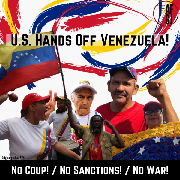 Men and women holding fists in air and blue, red, yellow flag and colors swirling around in background