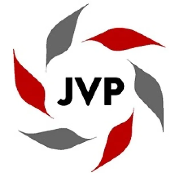 Red abd gray leaves in a circle around the letters JVP