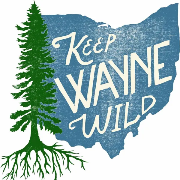 Logo of a pine tree, the state of Ohio in blue and words Keep Wayne Wild