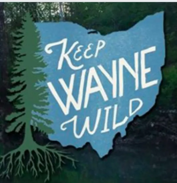 Blue silhouette of the state of Ohio with green tree to the left and words in white Keep Wayne Wild