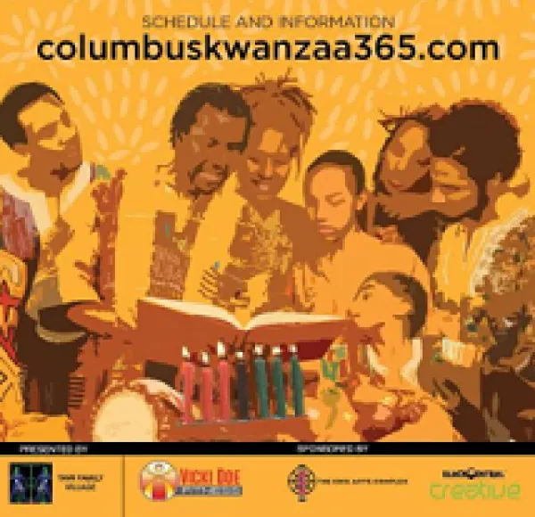 Picture of black people wearing African clothes around a book and candles