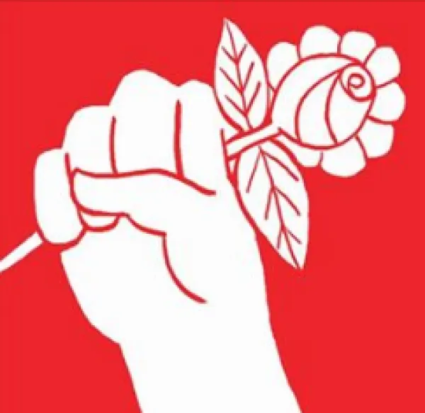 Hand holding a rose against red background