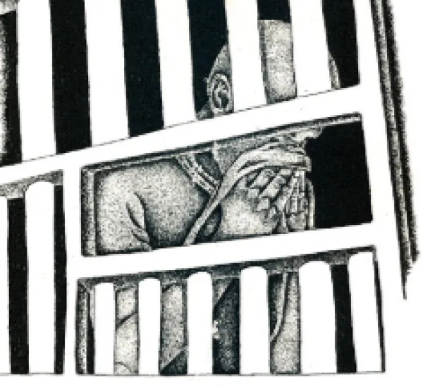 Man behind bars in drawing holding a hankerchief to his face