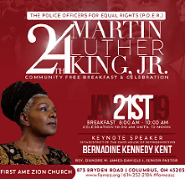 Dark red background with words detailing the event in white and headshot of a black woman with hair wrapped around the top of her head