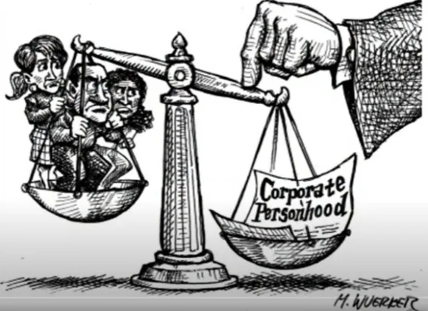 Scale with people on one side and corporate personhood on the other