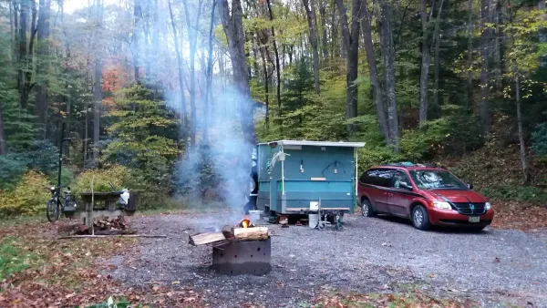 A forest in the background, a campfire-looking thing in front of trees